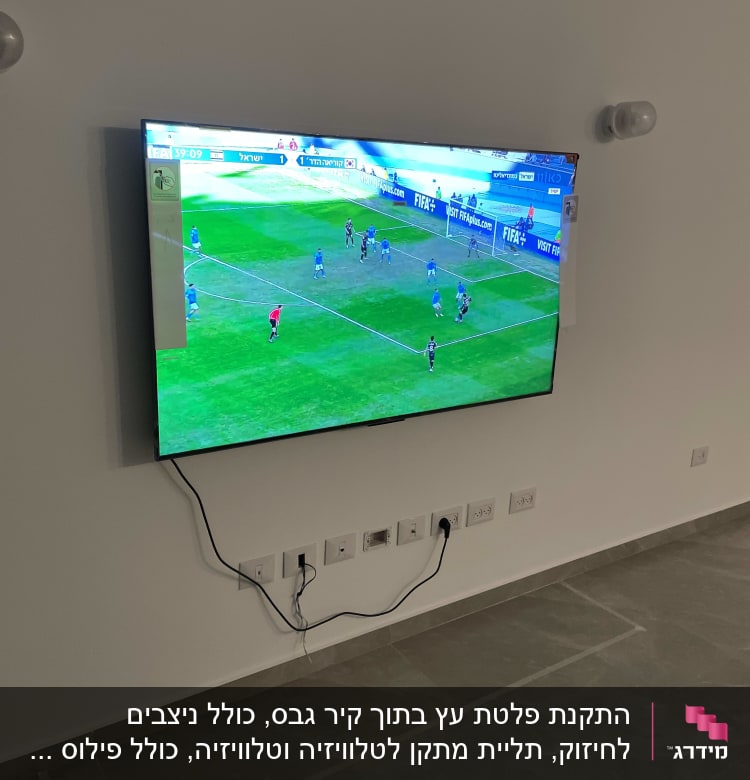 טלוויזיה תלויה על קיר גבס עם חוטים חשופים